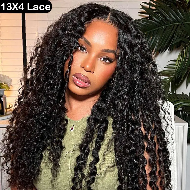 Sway Hair 13x4 HD Front Lace Water Wave Human Hair Wigs Pre Bleached Tiny Knots 200% Density Deep Curly Wigs For Women