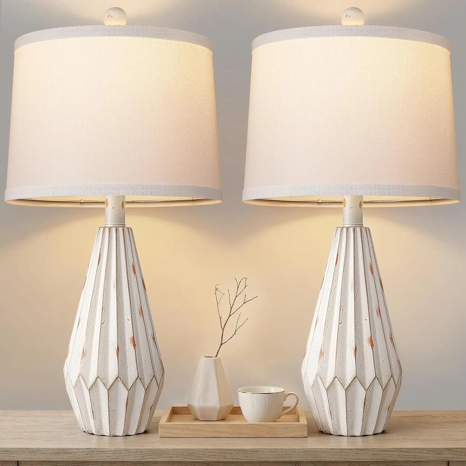 Set of 2 Modern Farmhouse Lamp for Living Room, Beige Rustic Resin Beside Table Lamps with Linen Shade, Vintage Lamps for Nightstands Bedroom Entryway Decor