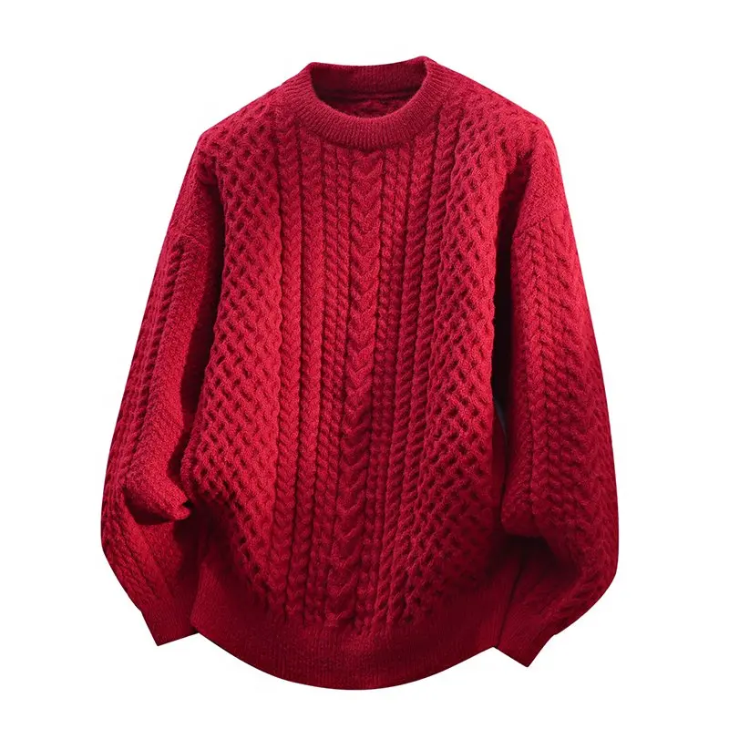 Men's Cable Knit Crew Neck Sweater, Solid Red Chunky Textured Pullover, Oversized Drop Shoulder Loose Top for Fall Winter