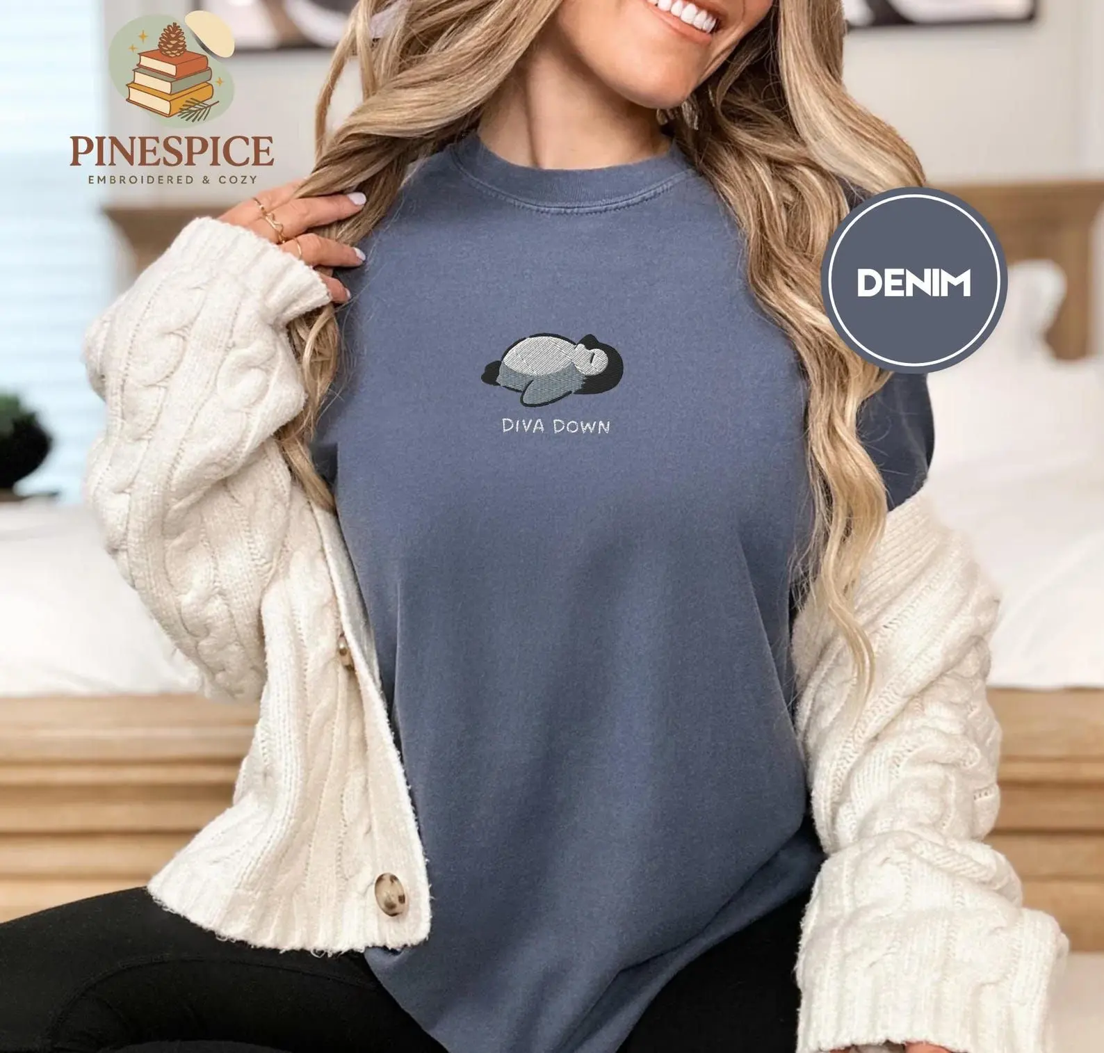 Diva Down Penguin T-Shirt, Funny Penguin Embroidered Tee, Cute Animal Shirt, Comfort Colors Tee