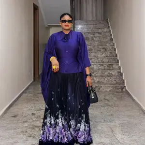 Regal Flow Cape Two Piece Set - Purple Blouse & Floral Skirt Ensemble for Elegant Occasions