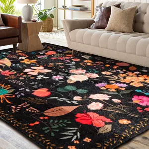 Bohemian Style Black, Floral Printed, Low-Pile, Vintage, Large-Size Imitation Cashmere Rug Machine-Washable, Non-Slip Living Room/Bedroom/Farmhouse/Dining Room Decoration (2x3/2x6/4x6/5x7/6x9/8x10/9x12 Ft)