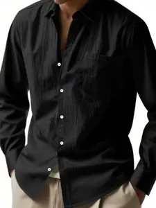 Men's Solid Linen Long Sleeve Shirt, Breathable Summer Top, Classic Collar, Loose Fit, Durable Casual Wear, Beach & Office, Beach Linen Shirts