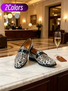 Men Plus Size Loafers, Leopard Print Upper With Metal Buckle Decor, Easy Slip-on Stylish Shoes For Party Street Wear