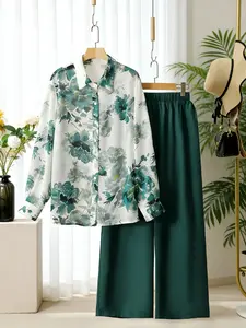 Women's Spring Casual Floral Shirt & Wide-Leg Palazzo Pants Set, Loose-Fitting Slimming Design, High-Quality Plus Size Two-Piece