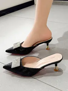 Women's Rhinestone Square Buckle Pointed Toe High Heel Sandals, Fashion Snake Print Rubber Sole, Casual Daily Wear Shoes