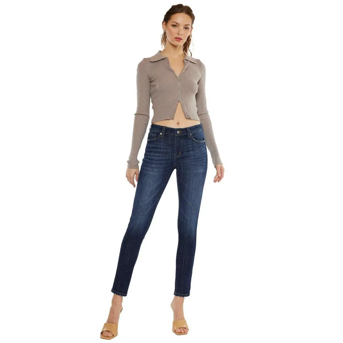 Kancan Lady's Mid-Rise Super Skinny Basic Denim Pants - 29.5" Inseam, Cotton-Polyester-Elastane Fabric, Style KC7085, Women's Bottoms, Casual, Jeans, True-To-Size, Cotton Blend, Stretch Fabric, Mid Waist, Plain, Cold Wash