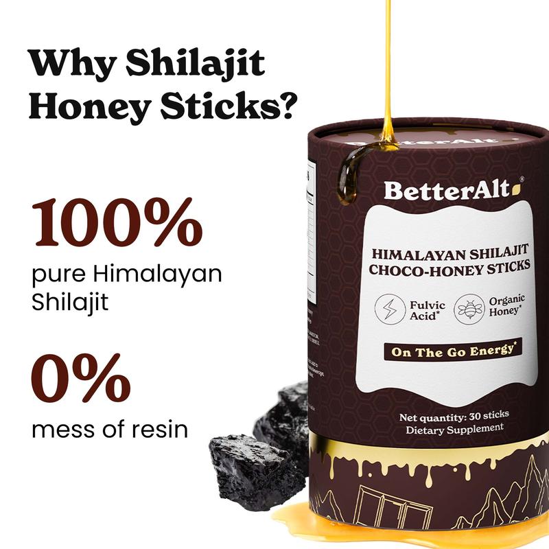 BetterAlt GOLD+ Choco Shilajit Honey Sticks | Lab-Tested for Purity | 85 Minerals & Fulvic Acid for Energy & Stamina | 30 Packs | Dietary Supplement