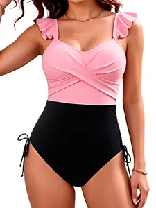 B2LOVER Women's One Piece Swimsuit Ruffle High Waist Tummy Control Bathing Suit Adjustable Straps Swimwear