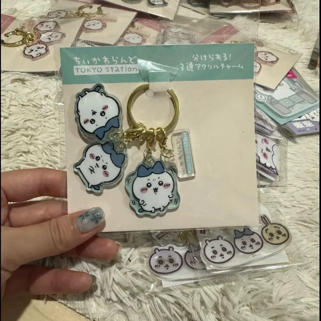 Chiikawa Keychain with Three Adjacent Acrylic Cartoonish Cute Pendants Gift Item in Stock Usagi Momonga Hachiwera Chii Rakko