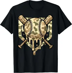 Baseball Drip for Boys Ice Cream Dripping Boys Baseball Camo T-Shirt Casual Cotton