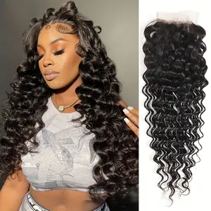 Wholesale NEW Arrived Deep Wave Human Hair 4X4 Lace Closure 4X4 Part Closure Human Hair Closure Loose Curly Wave Lace Closure Natural Color (12-20 Inch)