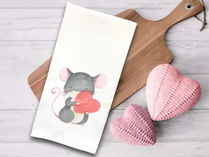 Mouse Holding A Heart Tea Towel Cute Pink Gray Hand Flour Sack Dish Towels Valentine's Day Birthday Mother's Day Gift Idea for Women