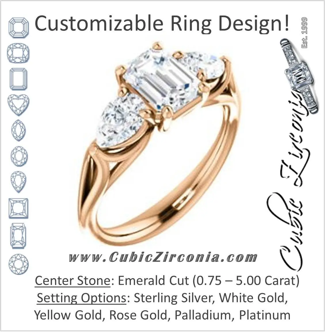 Cubic Zirconia Engagement Ring- The Ila (Customizable 3-stone Design with Emerald Cut Center, Pear Accents and Split Band)
