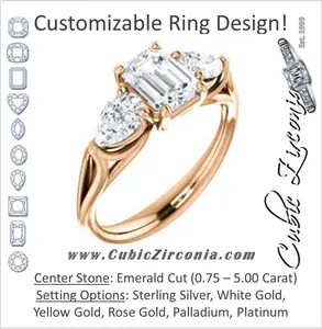 Cubic Zirconia Engagement Ring- The Ila (Customizable 3-stone Design with Emerald Cut Center, Pear Accents and Split Band)