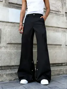 Men's High Street Style Side Button Wide Leg Pants, Casual Loose Fit Long Trousers for Daily Wear & Trendy Photoshoots