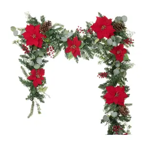 Village Lighting 9' Pre-Lit LED Garland - Christmas Poinsetti