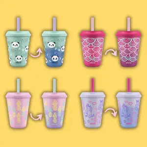 Ello Kids Plastic Reusable Color Changing Cups with Twist on Splash-Proof Lids and Straw, BPA Free, Dishwasher Safe, 12oz, Fruit Pop, 4 Pack tumblers