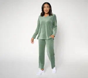 Denim & Co. Active Petite Velour Top & Straight Leg Pants Set
