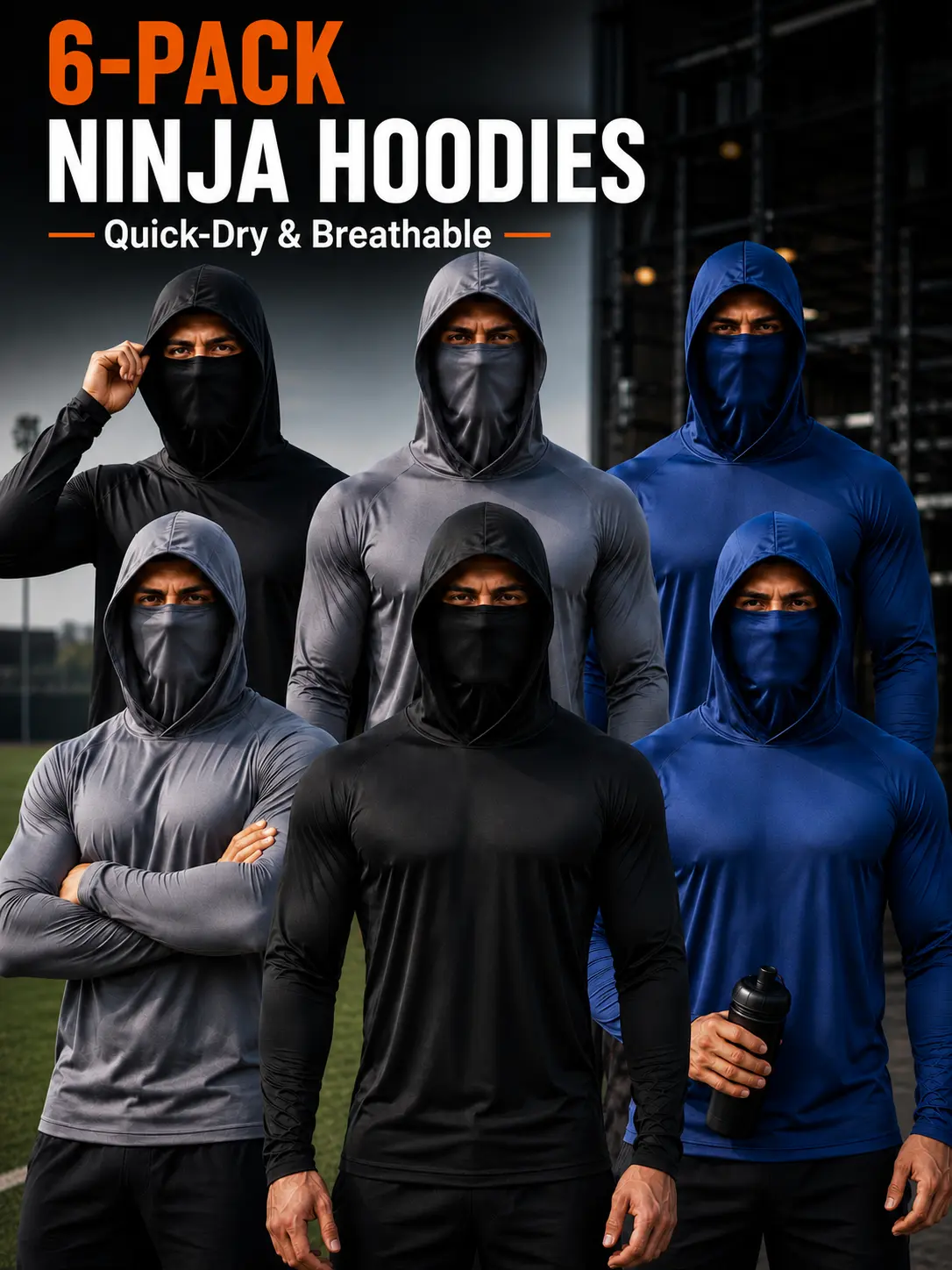 Men’s Long Sleeve Hooded Work Shirts, Lightweight Outdoor Sun Protection Shirts with Built-in Face Cover for Construction, Landscaping, Fishing, 6 Pack