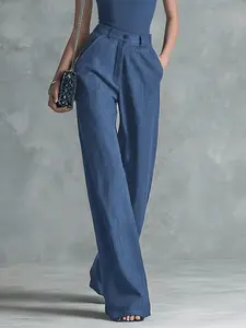 2026 Spring Summer New Women's Commuter Deep Blue Cotton Linen Breathable High Waist Wide Leg Pants, with Pockets, Fashionable Ladies' Clothing, Comfortable and Stylish