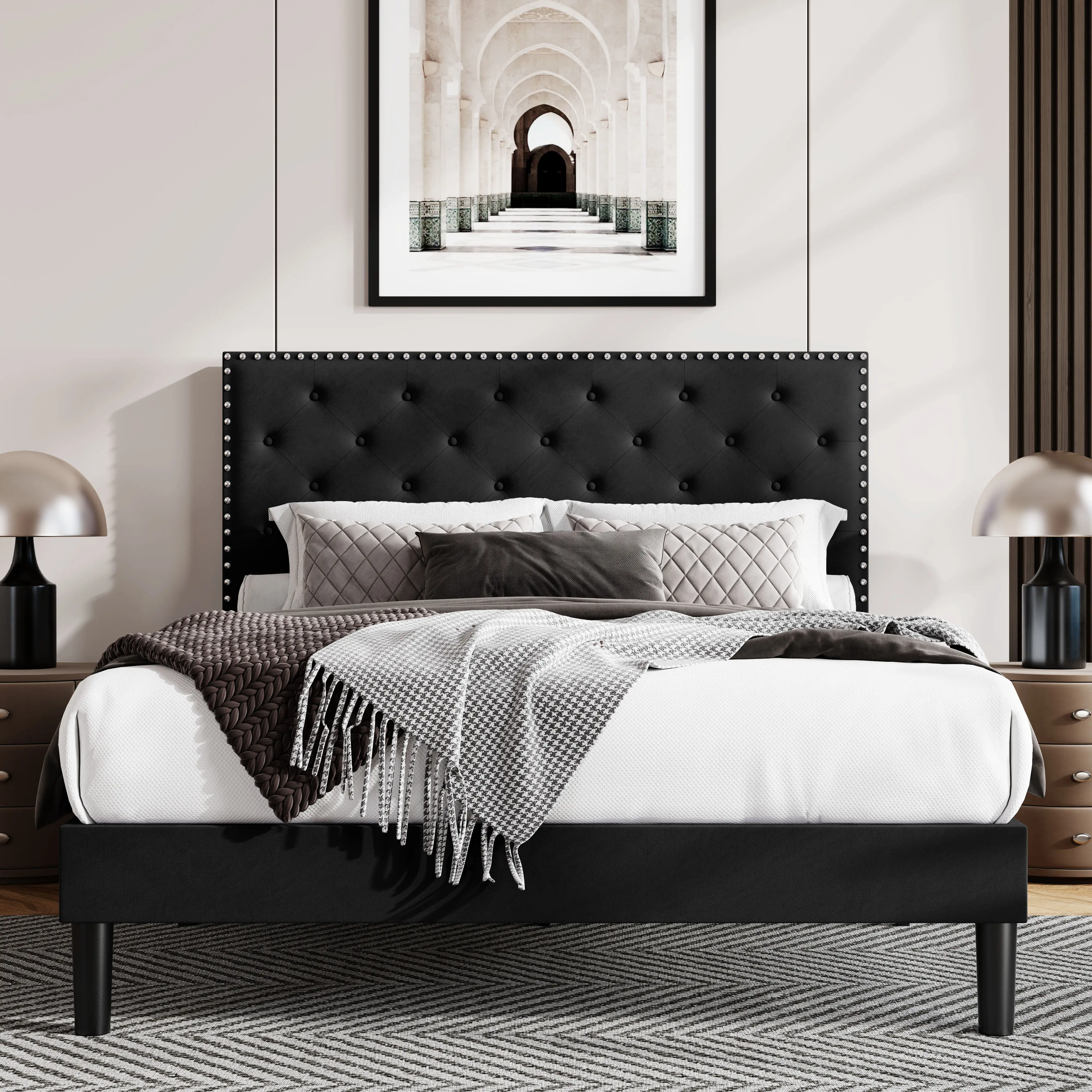 Allewie Full/Queen/King Velvet Upholstered Bed Frame - 【Frame Only No Mattress】Adjustable Diamond Button Tufted Headboard with Nailhead Trim & Wood Sl