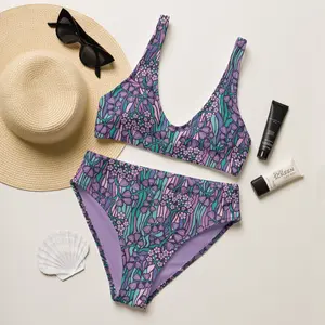 Lilac and Lavender Bikini Set  Retro Impressionist Floral Crop Top Bikini  Vintage High Waisted Swim Suit  Recycled Sustainable Swim Suit