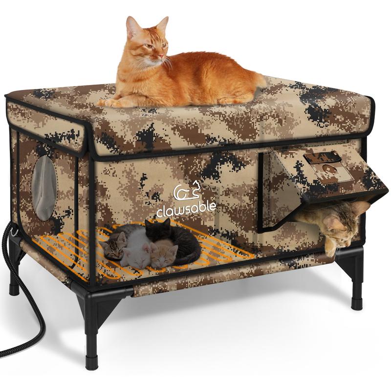 Clawsable Indestructible Heated Cat House for Outside Cats Winter, 100% Weatherproof, Safe Escape Door, Insulated Outdoor Cat Shelter with Heater for Feral Barn Cat Kitty