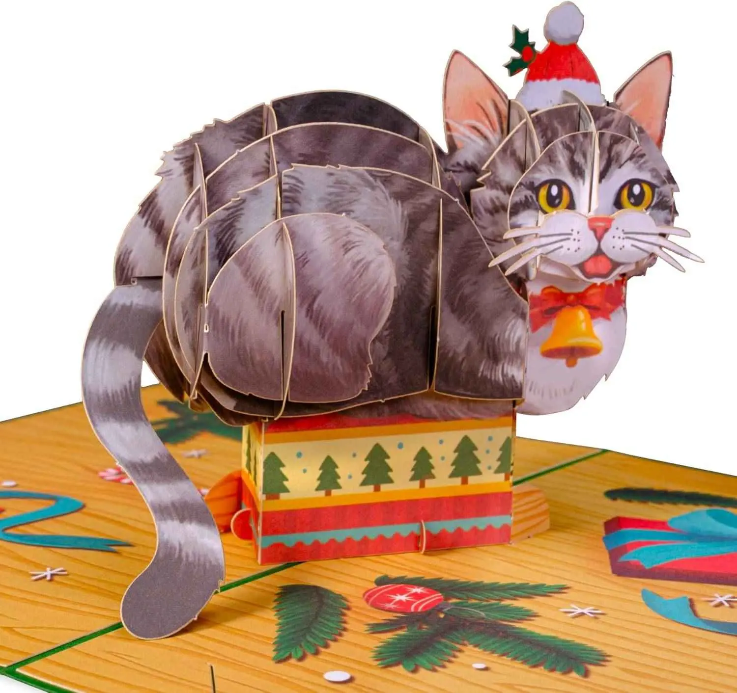 Paper Love Meowy Cat Pop Up Christmas Card 5x7 Inch Laser Cut Tabby Cat in Santa Hat & Bell Collar Festive Gift Box Keepsake for Cat Lovers