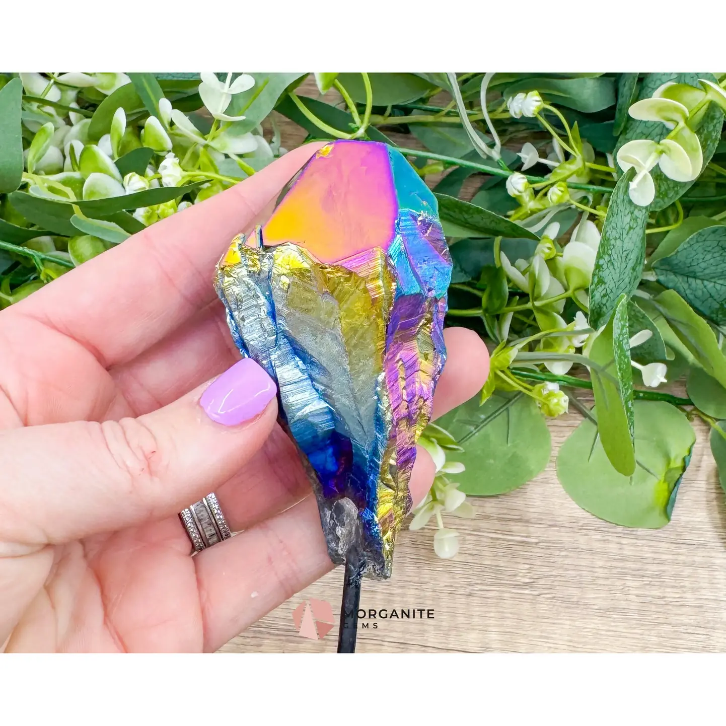 Rainbow Aura Black Obsidian No. 1 – Crystal Point on Metal Stand for Protection, Grounding & Energy Clearing