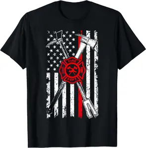 Patriotic Design Axe Halligan Thin Line Red Firefighter T-Shirt
