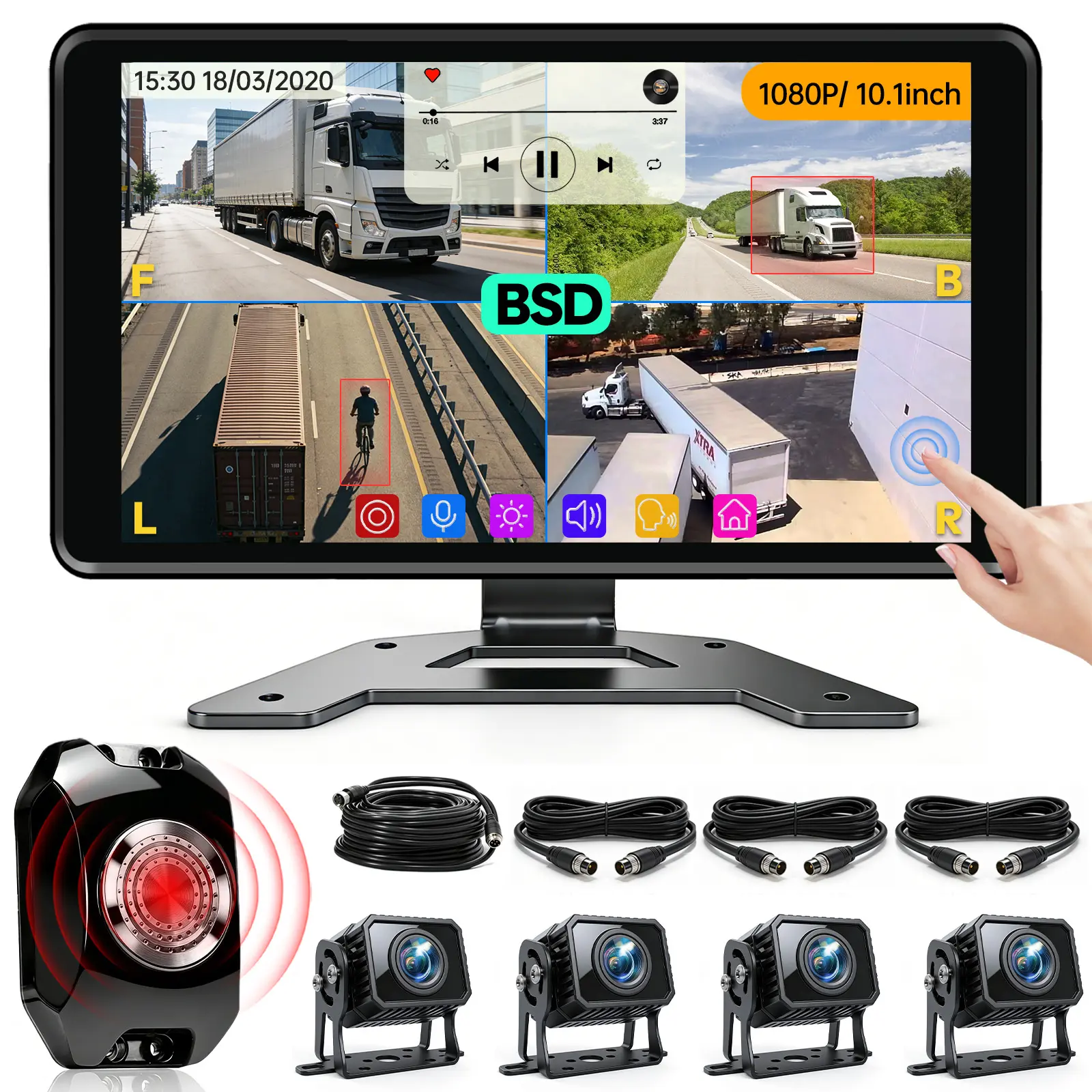ConewVehicle Wired Backup Camera System 10.1" Quad Split Touchscreen Monitor 4 1080P Rear Side View AHD Cameras MP5 Player BSD with Audible Alarm DVR Recorder IP69 Waterproof Night Vision for RV/Truck/Bus/Trailer/Camper/Van