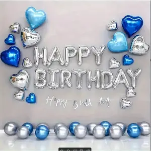 Blue Silver Happy Birthday Banner with Heart Balloons and Foil Letters for Celebrations