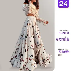 European and American Cross-Border Internet Celebrity Butterfly Print Two-Piece Bohemian Large Hem Long Skirt Beach Dress