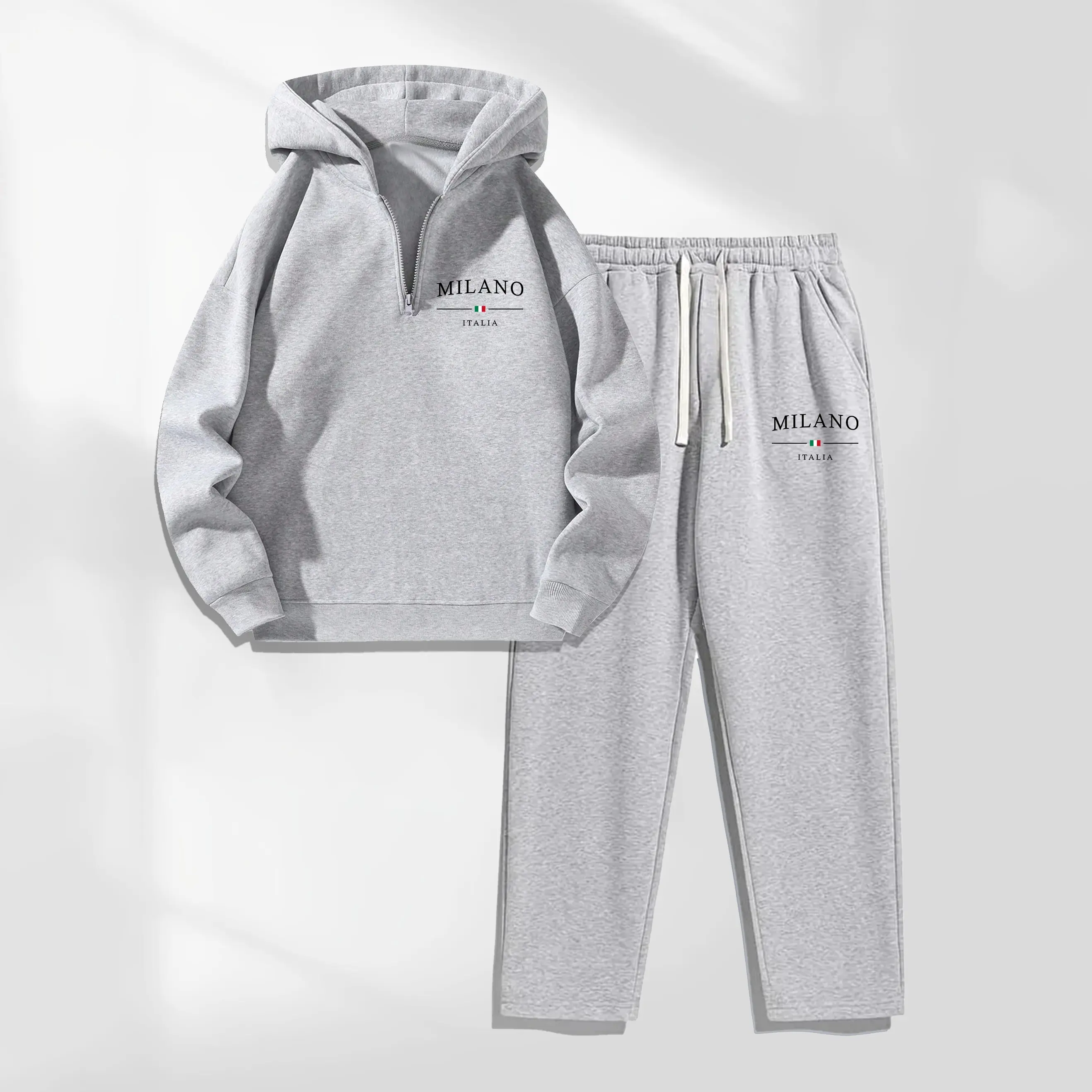 Men's Milan Letter Print Zipper-Collar Hoodie & Drawstring Sweatpants Set, Menswear, Casual Athletic Long Sleeve Hooded Jacket & Trousers for Fall & Winter, Men's Clothing for Daily Wear, Sportswear for Indoor & Outdoor, Tracksuit, Athleisure