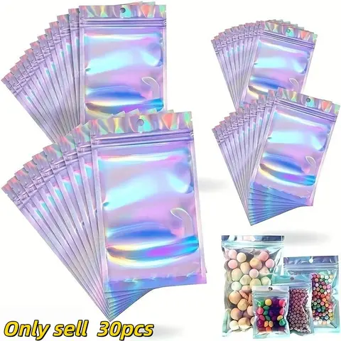 Holographic Colorful Laser Bag, 30pcs/set Self Sealing Resealable Bright Packaging Food Candy Jewelry Gift Bags, Gift Wrapping Bag, Baking Packaging Supplies for Home Kitchen Party