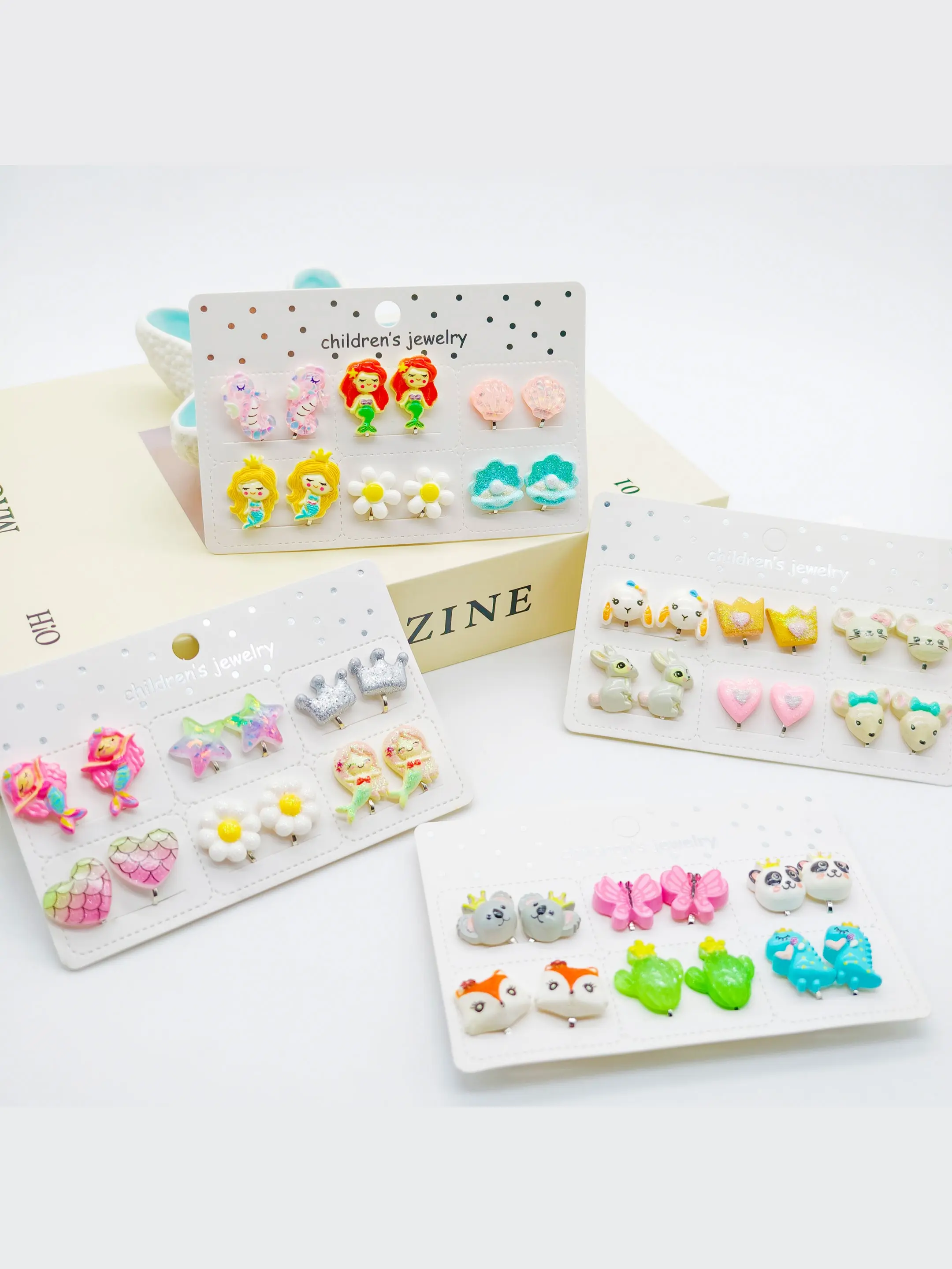 6 Pairs Cute Cartoon Resin Clip-On Earrings Set – Mermaid, Shell, Bunny, Butterfly, Star – Painless Ear Cuffs Non Piercing, Daily Wear & Sweet Gift Idea