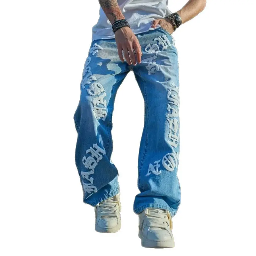 Y2K Vintage 90s Streetwear Casual Outfit 2 Piece Set, Puff Print  Soft Patterned Loose Cut Ankle Blue Denim Jeans Trousers,  Basic Baggy Summer Clothes Back to School Spring College Outfit