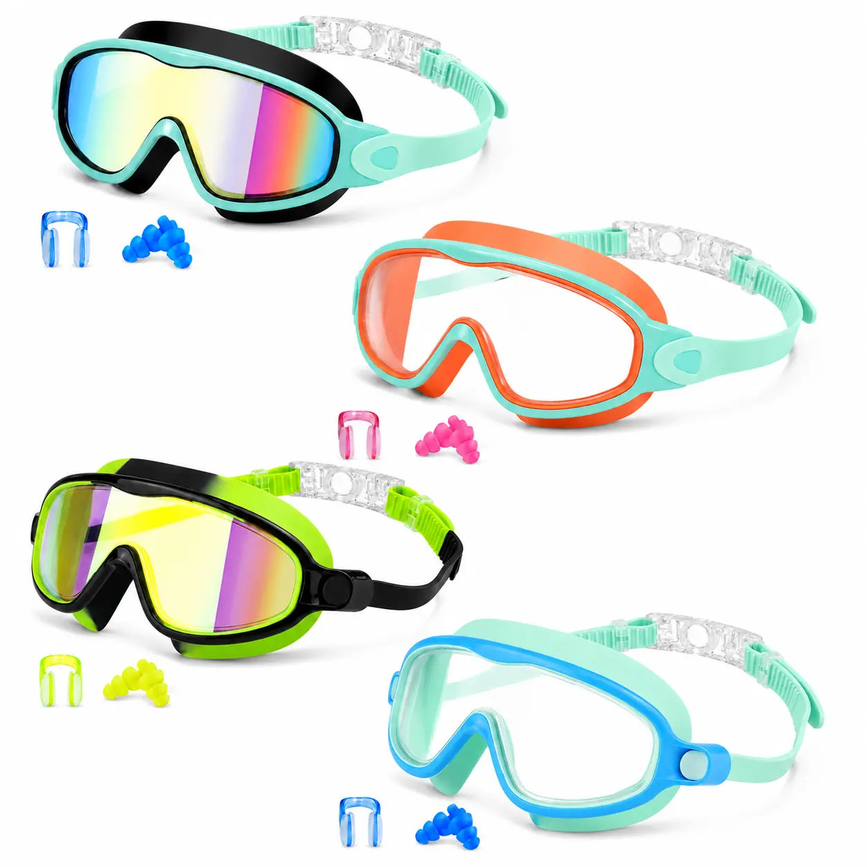 4/2 Pack Kids Swim Goggles Set, Anti-Fog UV Protection Swimming Goggles with Nose Clip & Ear Plugs for Boys Girls，Kids Swim Goggles for Swim Lessons