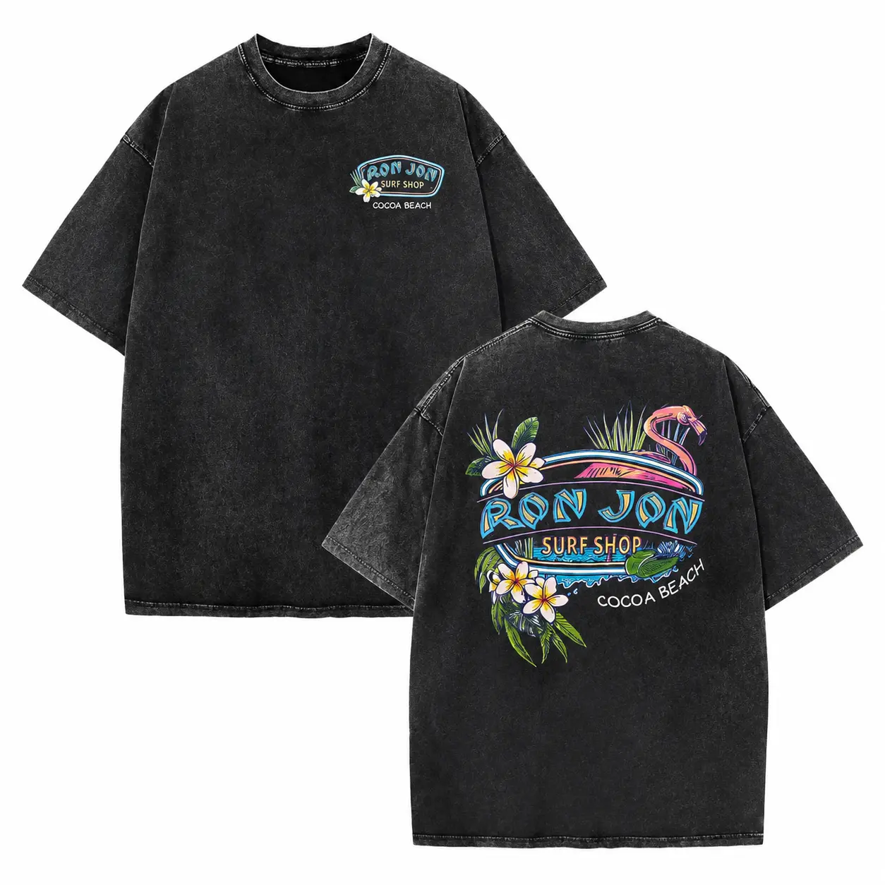 Women's T-shirt, Vintage Washed Loose Fit Shortsleeve Garment with Double-Sided Flamingo & Surfboard Print - Customized Thick Summer Casual Clothes, Comfortable