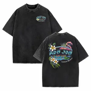230g thick vintage washed cotton T-shirt - Tropical flamingo and surfboard print, double-sided beach carnival design, loose fit, round neck, short sleeves, unisex, suitable for summer surfing, parties, and beach wear tiktokshopspringglowup Casual Crewneck