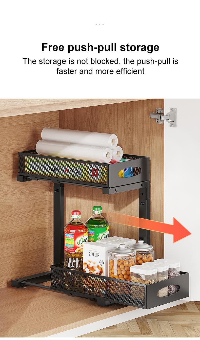 2 Pack Under Sink Organizer,Adjustable Height,2 Tier Pull Out Under Cabinet Organizer,Slide Out Thickened Metal Under Sink Storage for Kitchen Bathroom Laundry Cabinet Pantry,White,black Shelf Rack Racks