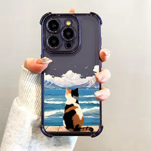 Cute Seaside Cat Pattern Phone Case , Electroplated Cover with Airbag Shockproof Slim Soft TPU Cover for iPhone 11 12 13 14 15 16 Pro Max Plus Cartoon