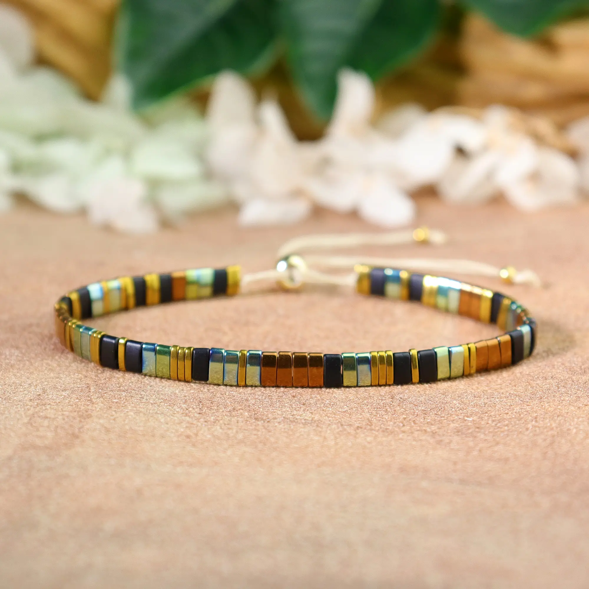 Women's Handmade Miyuki Tila Bead Adjustable Pretty Bracelet for Adults - Hand-Strung Lightweight Flat Silk Thread, Gold-Plated Sliding Bead, 6.7-8 in, Healing Reiki Crystal, Minimalist Stackable for Daily Wear