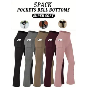 5-Pack Women's Super Soft Flare Pants With Pockets, High Waisted Tummy Control Athletic Yoga Boot Pants