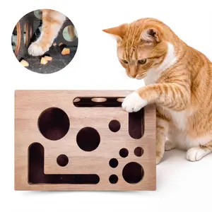 Cat Toys for Indoor Cats, Interactive Wooden Puzzle Box Toy with 3 Jingle Balls & Feather Wand, Hunting Play Scratcher Treat Toy for Bored Cats and Kittens Cat Toys for Indoor Cats - Interactive Box Puzzle Toy