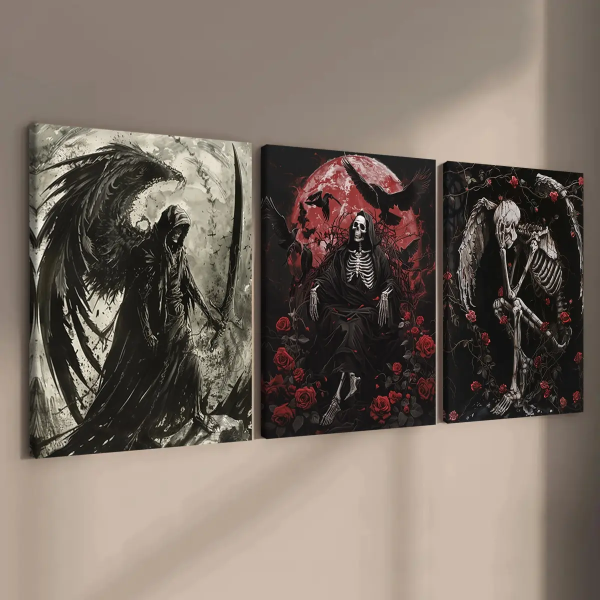 Grim Reaper & Blood - Red Roses Poster, Halloween Poster Decoration, Horror Theme, 3 Counts Modern Art Wall Decoration, Home Decoration Poster, Office, Living Room, Bedroom Wall Decor