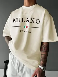 Unisex's Milano Italy Print Round Neck Tee, Loose Casual Short Sleeve T-shirt for Daily Wear, Men's Top for Summer, Streetwear