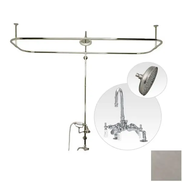 Brushed Nickel Side Deck Mount Clawfoot Tub Shower Enclosure with Gooseneck Faucet and Rain Shower Head