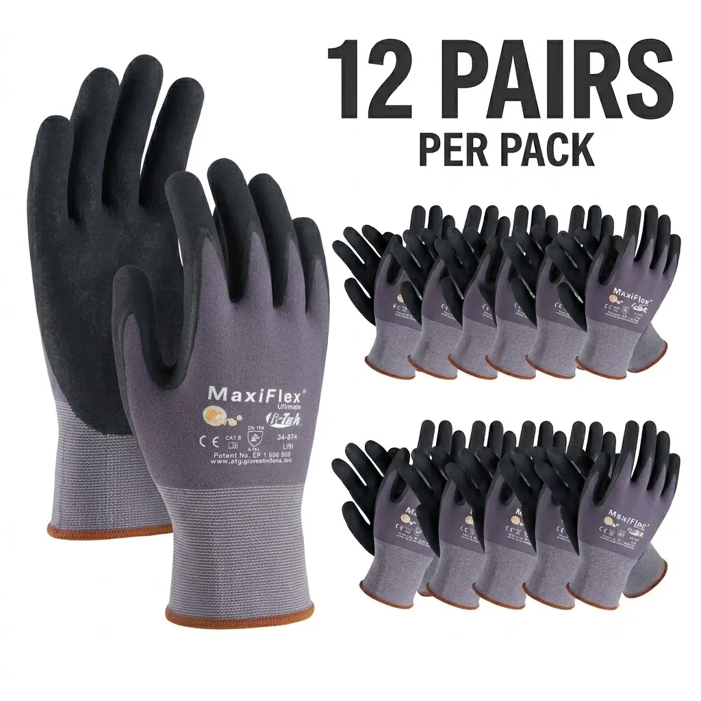 24 Pairs MaxiFlex Ultimate Nitrile Coated Work Gloves – Breathable Foam Grip Safety Gloves for Construction, Warehouse, Gardening & General Work